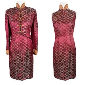 Vintage Jacquard Asian Dress and Bolero Jacket Set Maroon Gold Dragons